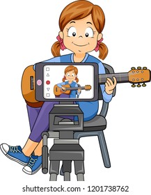 Illustration Of A Kid Girl Recording Her Self Through Mobile Phone, Playing An Acoustic Guitar