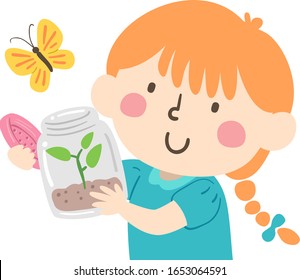 Illustration of a Kid Girl Releasing a Butterfly From Inside a Butterfly Terrarium Jar with Holes and a Plant