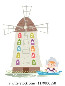 Illustration of a Kid Girl Riding a Boat with a Windmill with Numbers One to Ten