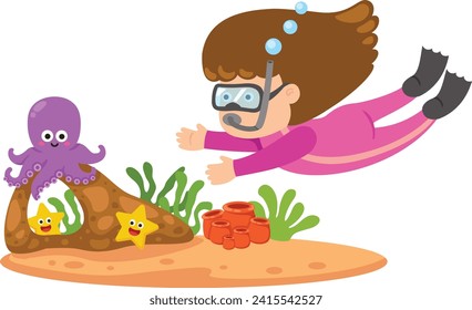illustration of kid girl scuba diving vector