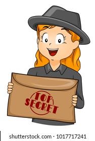 Illustration Of A Kid Girl In Secret Agent Costume Receiving An Envelope Labeled As Top Secret