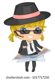 Illustration Of A Kid Girl In Secret Agent Costume Looking At A Map