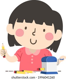 Illustration of a Kid Girl Sharpening Pencils as a Pencil Patrol, a Classroom Job