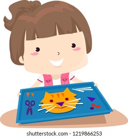 Illustration of a Kid Girl Showing Her Craft Tray with a Face of a Cat, Scissors and Other Paper Cutout