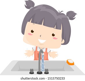 Illustration of a Kid Girl Showing Her Clean Hands After Handwashing. Clean Adjective Sample