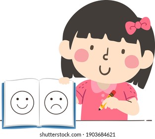 Illustration of a Kid Girl Showing a Notebook for Drawing Her Emotions as Mood Tracker