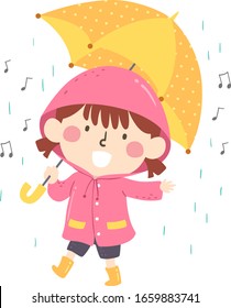 Illustration of a Kid Girl Singing in the Rain Under an Umbrella and Wearing a Raincoat and Boots