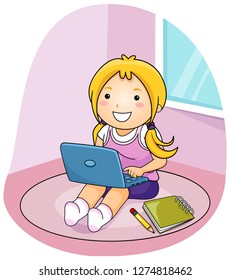 Illustration of a Kid Girl Sitting Down on the Floor Using a Laptop with Notebook and Pencil