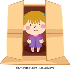 Illustration of a Kid Girl Sitting Down and Smiling From Inside a Partially Closed Cardboard Box