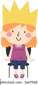 Illustration of a Kid Girl Sitting Down the Chair with a Make Believe Crown in a Drama Class