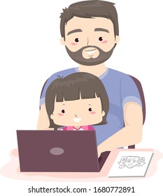 Illustration of a Kid Girl Sitting with Her Father Using Laptop Searching for a School