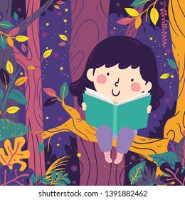 Illustration of a Kid Girl Sitting On a Branch Reading a Book In a Magical Night Forest