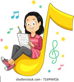 Illustration of a Kid Girl Sitting on a Big Music Note with Notebook and Pen Writing Her Own Song