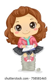 Illustration Of A Kid Girl Sitting On A Stack Of Papers Writing A Story