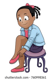 Illustration Of A Kid Girl Sitting On A Chair Putting On Shoes