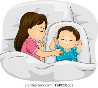 Illustration of a Kid Girl Sleeping with Baby Brother in Bed