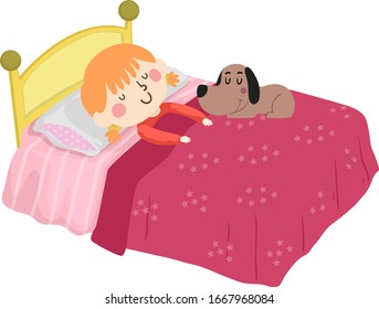 Illustration Of A Kid Girl Sleeping In Bed With Her Pet Dog