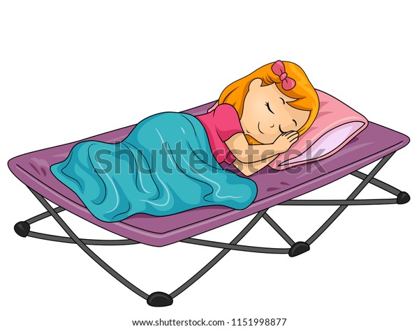 Illustration of a Kid Girl Sleeping In a Folding\
Camping Bed with Pillow and\
Blanket