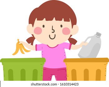Illustration of a Kid Girl Sorting Garbage Between Biodegradable and Non Biodegradable, Holding Banana Peel and Plastic Container