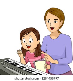 Illustration of a Kid Girl Standing with Her Teacher and a Keyboard for a Lesson