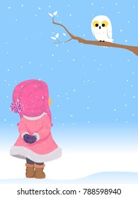 Illustration of a Kid Girl Standing in the Snow Watching a Snowy Owl Perched on a Tree Branch