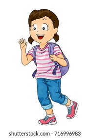 Illustration of a Kid Girl Student with Backpack Waving at Someone She Knows