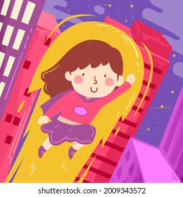 Illustration of a Kid Girl Super Hero Flying in the City