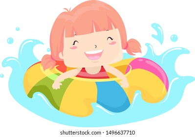 Illustration of a Kid Girl Swimming and Using a Flotation Device on Pool