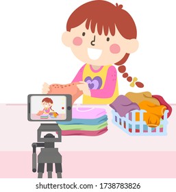 Illustration of a Kid Girl Taking a Video of Her Folding Laundry Using a Mobile Phone for Vlogging