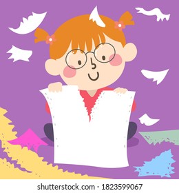 Illustration of a Kid Girl Tearing Paper All Around, Useful Finger and Coordination Skill