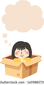 Illustration of a Kid Girl Thinking From Inside a Cardboard Box with a Blank Thinking Cloud