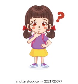  Illustration of a kid girl thinking in a question. Crying kid girl wearing a backpack vector illustration. The kid girl goes to school.