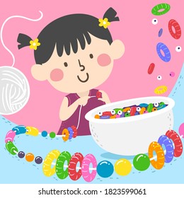 Illustration of a Kid Girl Threading Beads for Improving Fine Motor Skills