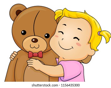 Illustration of a Kid Girl Toddler Happily Smiling and Hugging a Big Teddy Bear Stuffed Toy