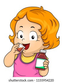 Illustration of a Kid Girl Toddler Holding a Medicine Bottle Drinking a Vitamins or Medicine Syrup