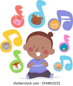 Illustration of a Kid Girl Toddler Learning Animal Sounds. Music Notes with Animal Heads from Rabbit to Bird