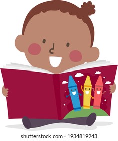 Illustration of a Kid Girl Toddler Reading a Book about Colors with Crayon Mascots in Cover