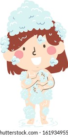 Illustration of a Kid Girl Toddler Taking a Bath, Washing Her Body with Bubbles Around Her