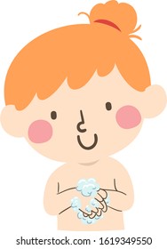 Illustration Of A Kid Girl Toddler Washing Her Hands Full Of Bubbles