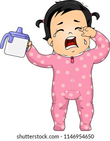 Illustration of a Kid Girl Toddler Wearing Onesies, Holding a Sippy Cup and Crying