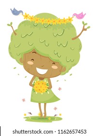 Illustration of a Kid Girl Tree Holding a Bouquet of Flowers with Birds Crowning Her with Floral Headpiece