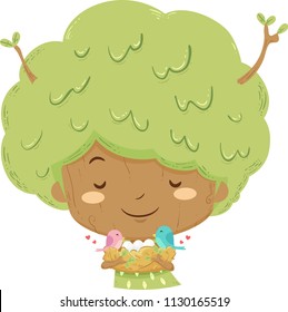 Ilustração de uma árvore infantil abraçando um ninho com um par de pássaros e ovos
