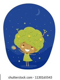Illustration of a Kid Girl Tree Interacting with a Fire Fly Among other Fireflies In the Night