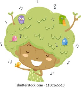 Illustration of a Kid Girl Tree with Musical Notes and Singing along with Birds