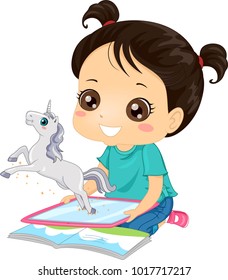 Illustration of a Kid Girl with a Unicorn Leaping Outside Her Computer Tablet