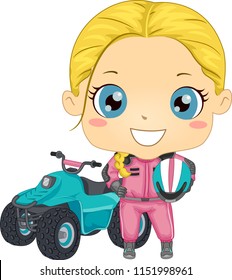 Illustration of a Kid Girl in Uniform and Holding Helmet with Quad Bike Behind Her