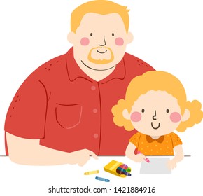 Illustration of a Kid Girl Using Crayons for Coloring and Drawing on Paper with Her Father