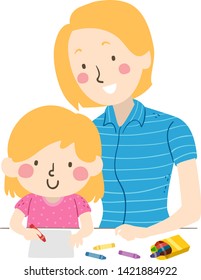 Illustration of a Kid Girl Using Crayons to Draw and Color on Paper with Her Mother