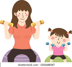 Illustration of a Kid Girl Using Dumbbells Exercising with Her Mother on a Ball