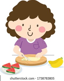 Illustration of a Kid Girl Using Knife and Slicing a Banana on Chopping Board with Unpeeled Bananas and Sliced Watermelon